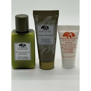 Origins Mega-Mushroom Fortifying Emulsion, Plantscription Youth Serum, Ginzing